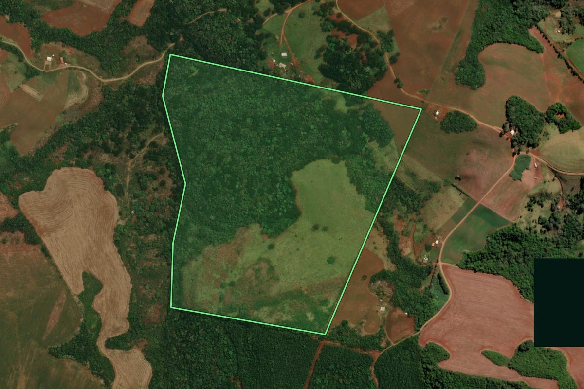 Imagem de satélite do imóvel rural em Goioxim (PR), com o contorno declarado no CAR desenhado por cima.