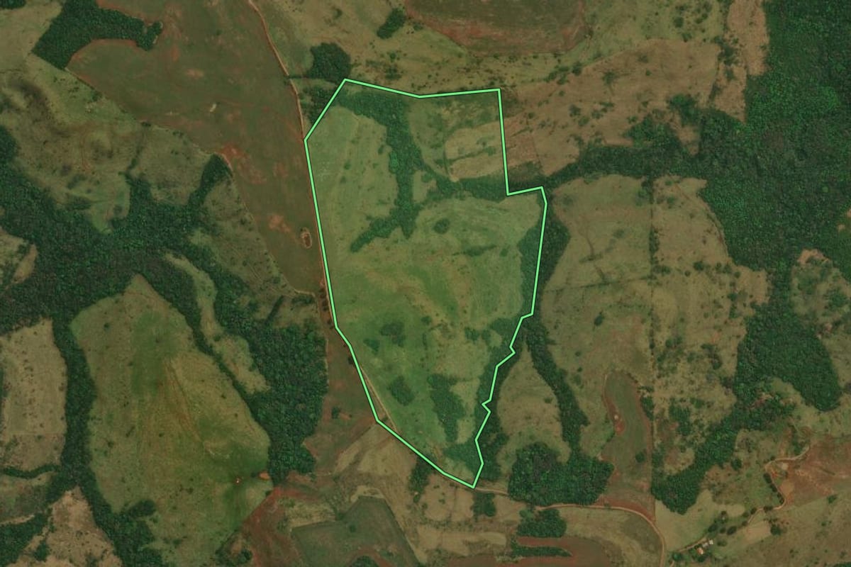 Imagem de satélite do imóvel rural em Goioxim (PR), com o contorno declarado no CAR desenhado por cima.