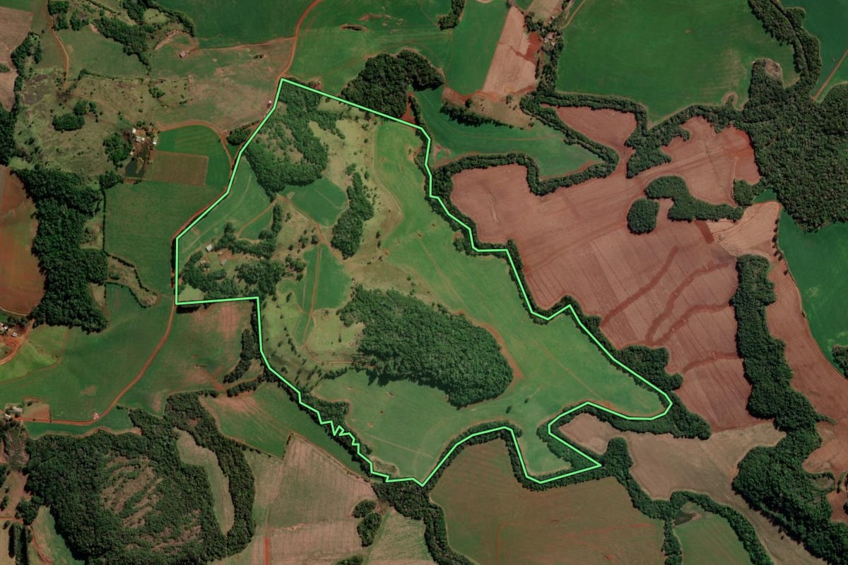 Imagem de satélite do imóvel rural em Goioxim (PR), com o contorno declarado no CAR desenhado por cima.