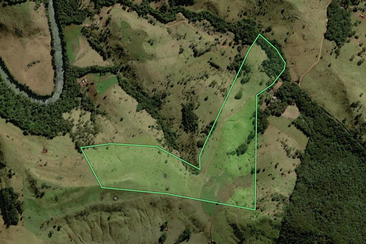 Imagem de satélite do imóvel rural em Goioxim (PR), com o contorno declarado no CAR desenhado por cima.