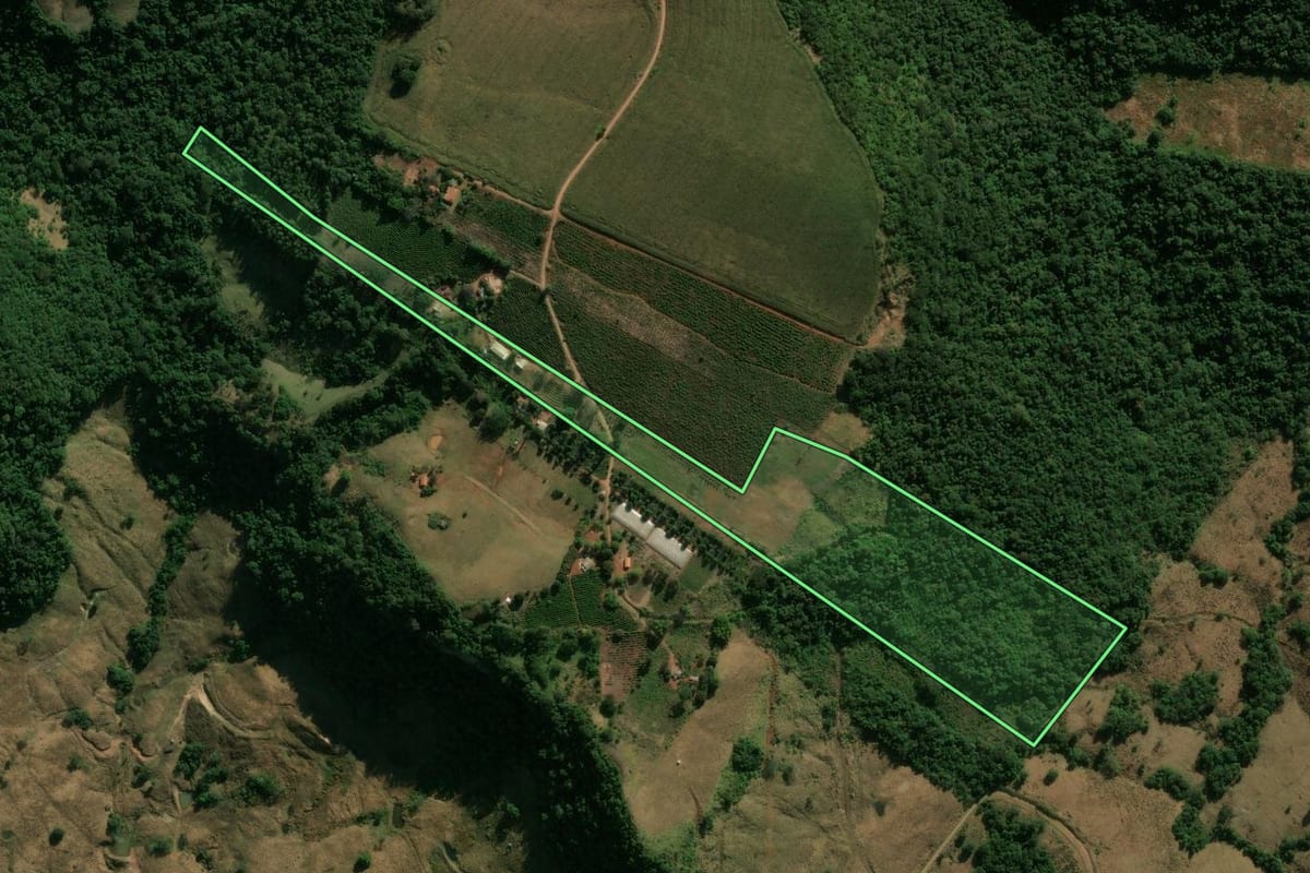 Imagem de satélite do imóvel rural em Grandes Rios (PR), com o contorno declarado no CAR desenhado por cima.