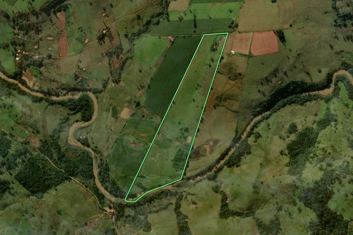 Imagem de satélite do imóvel rural em Grandes Rios (PR), com o contorno declarado no CAR desenhado por cima.