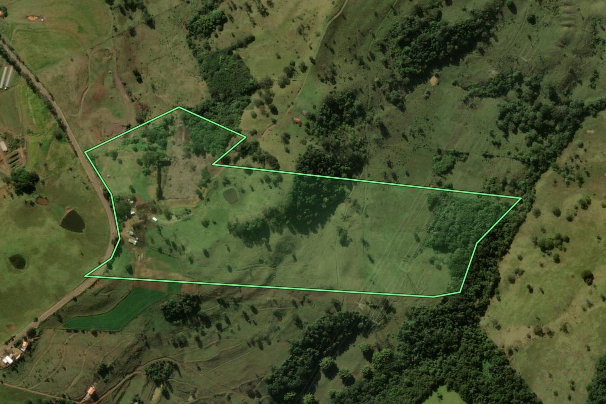 Imagem de satélite do imóvel rural em Grandes Rios (PR), com o contorno declarado no CAR desenhado por cima.