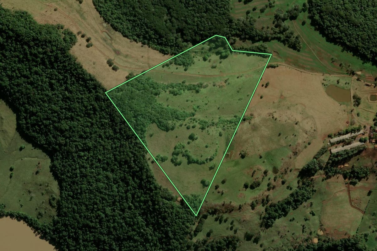Imagem de satélite do imóvel rural em Grandes Rios (PR), com o contorno declarado no CAR desenhado por cima.