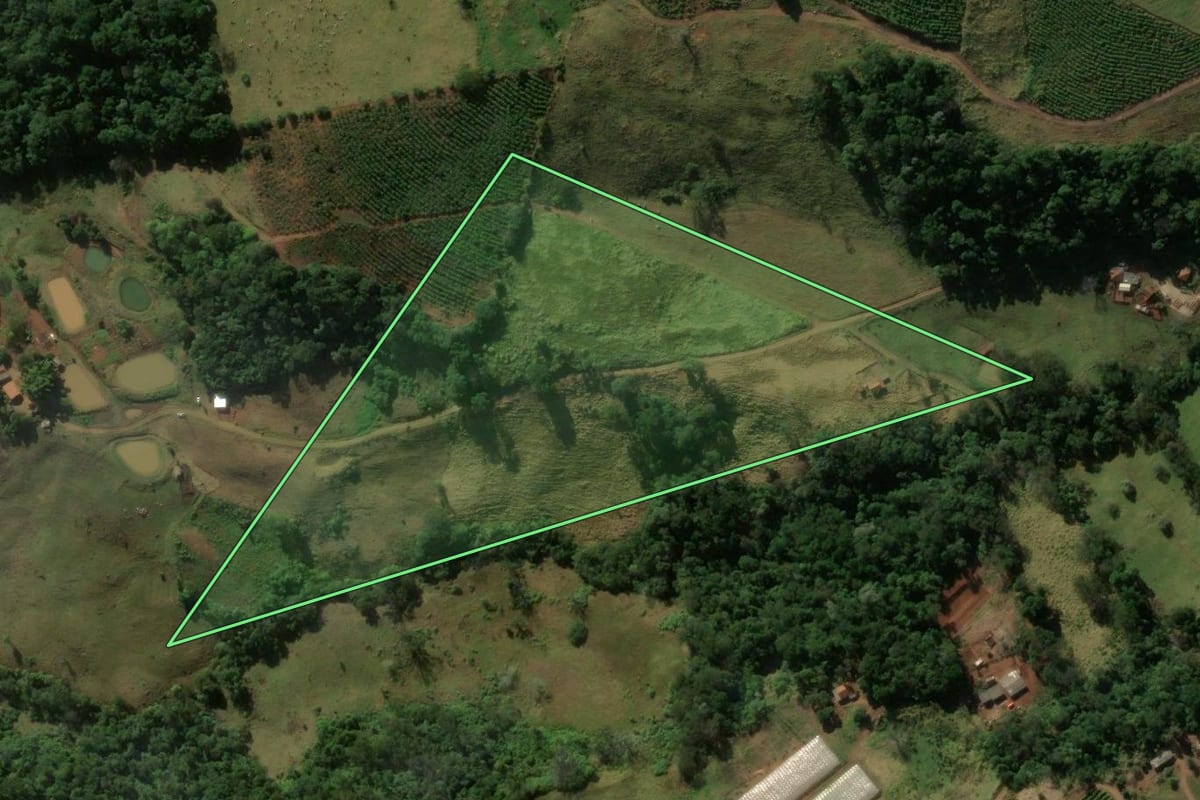 Imagem de satélite do imóvel rural em Grandes Rios (PR), com o contorno declarado no CAR desenhado por cima.