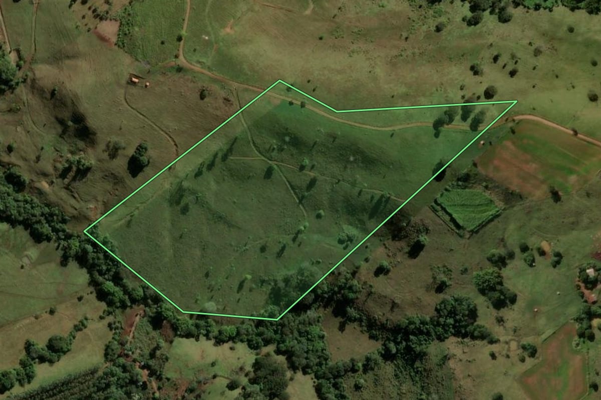 Imagem de satélite do imóvel rural em Grandes Rios (PR), com o contorno declarado no CAR desenhado por cima.