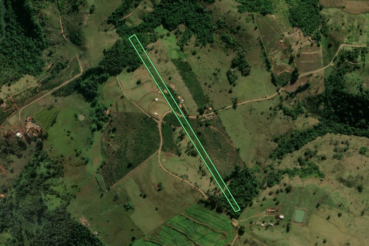 Imagem de satélite do imóvel rural em Grandes Rios (PR), com o contorno declarado no CAR desenhado por cima.