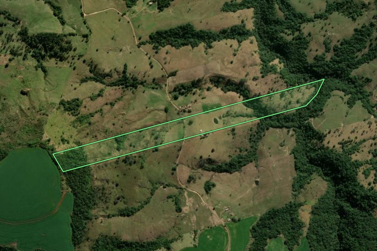 Imagem de satélite do imóvel rural em Grandes Rios (PR), com o contorno declarado no CAR desenhado por cima.