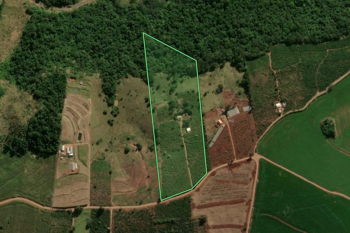 Imagem de satélite do imóvel rural em Grandes Rios (PR), com o contorno declarado no CAR desenhado por cima.