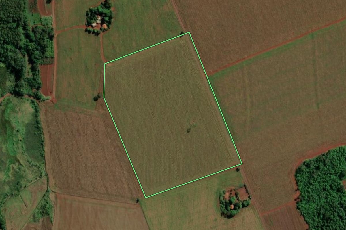 Imagem de satélite do imóvel rural em Guaíra (PR), com o contorno declarado no CAR desenhado por cima.
