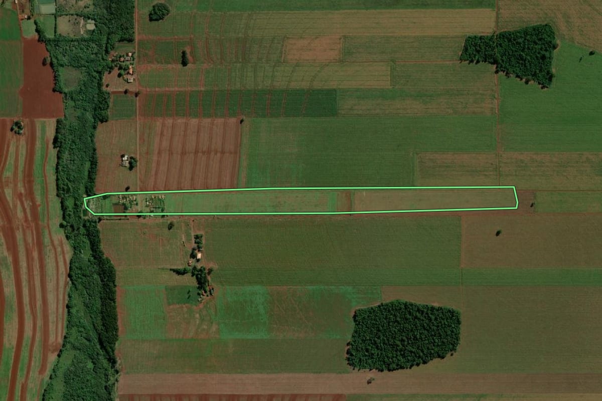 Imagem de satélite do imóvel rural em Guaíra (PR), com o contorno declarado no CAR desenhado por cima.