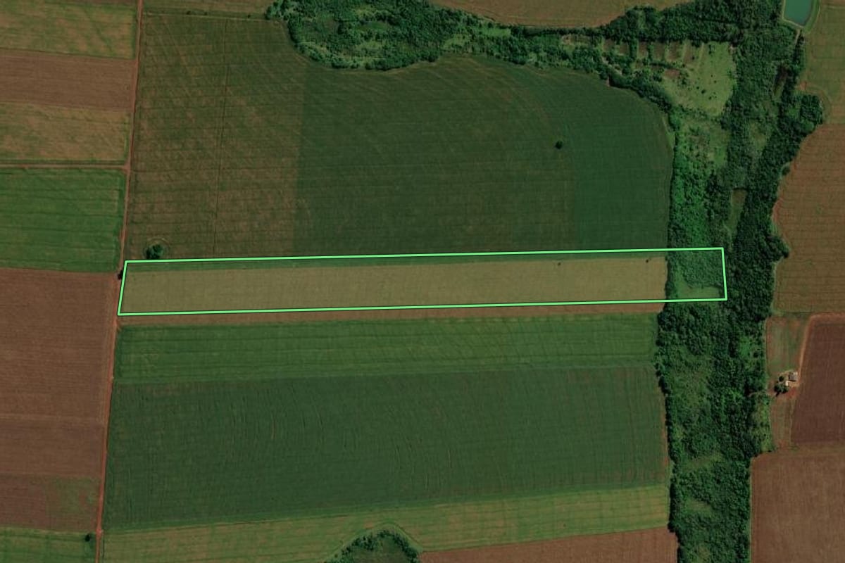 Imagem de satélite do imóvel rural em Guaíra (PR), com o contorno declarado no CAR desenhado por cima.