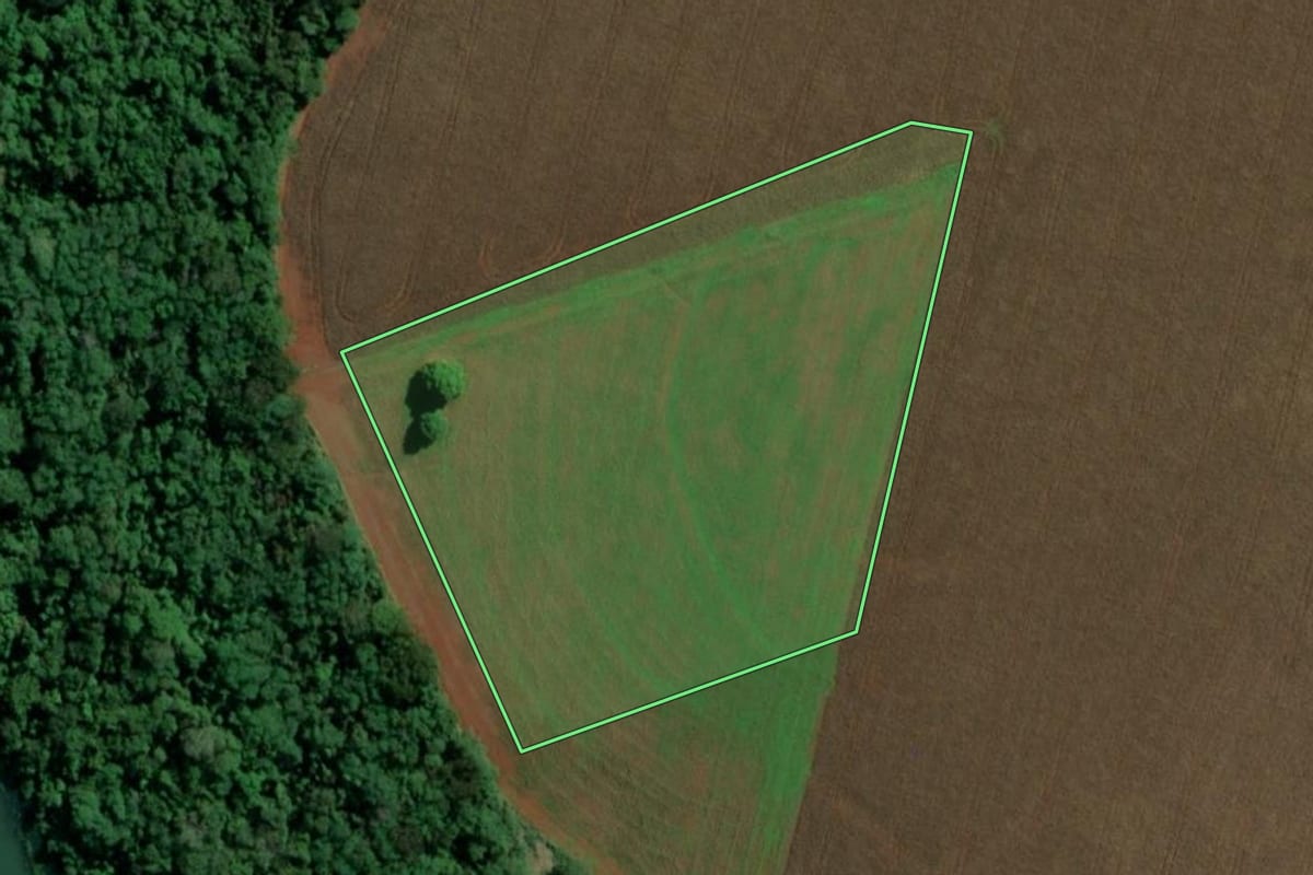 Imagem de satélite do imóvel rural em Guaíra (PR), com o contorno declarado no CAR desenhado por cima.
