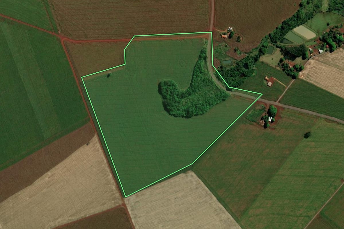 Imagem de satélite do imóvel rural em Guaíra (PR), com o contorno declarado no CAR desenhado por cima.