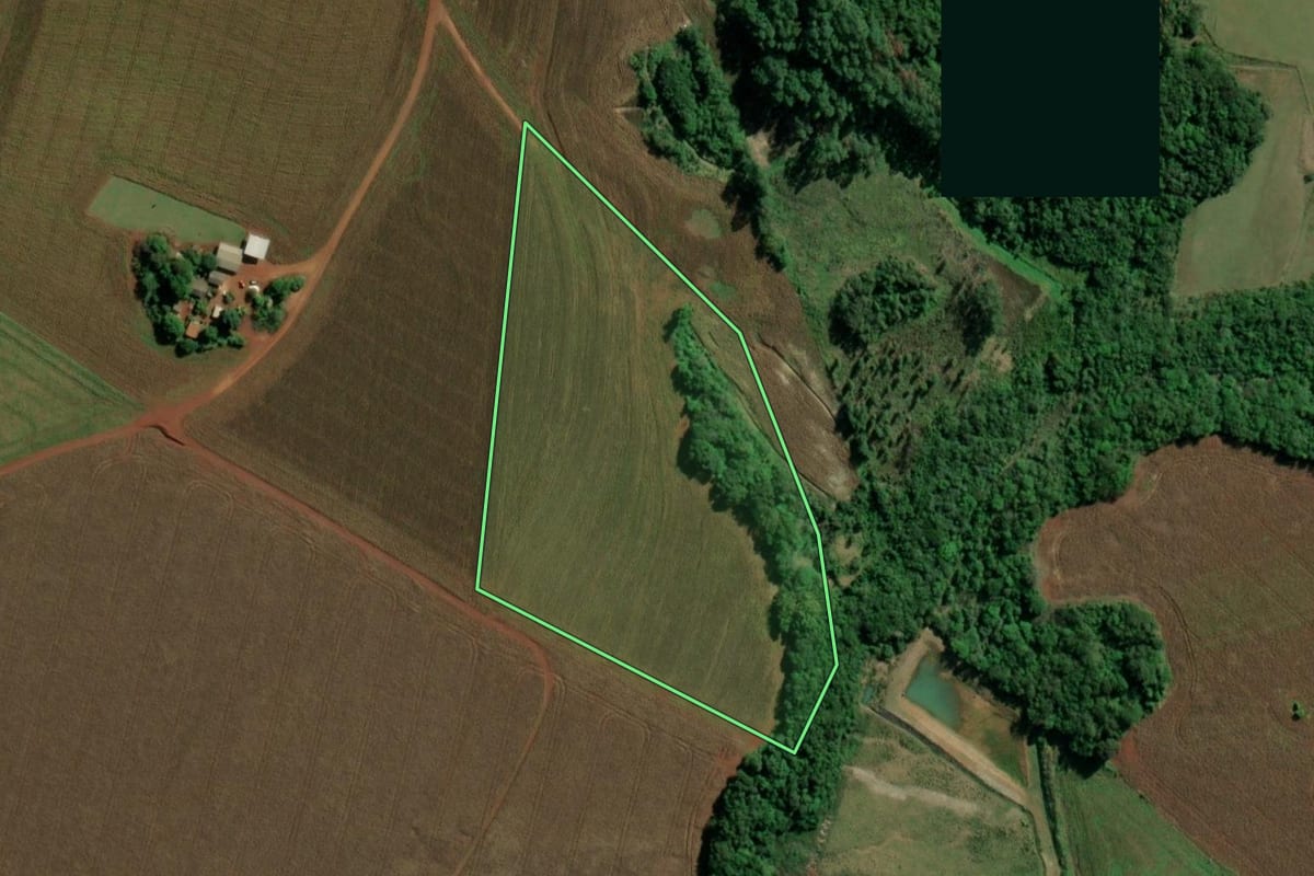 Imagem de satélite do imóvel rural em Guaíra (PR), com o contorno declarado no CAR desenhado por cima.