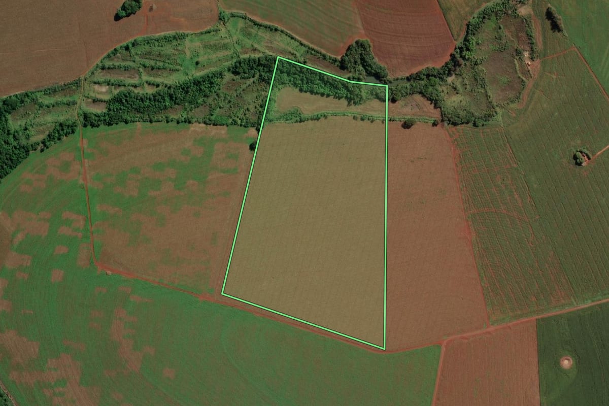 Imagem de satélite do imóvel rural em Guaíra (PR), com o contorno declarado no CAR desenhado por cima.