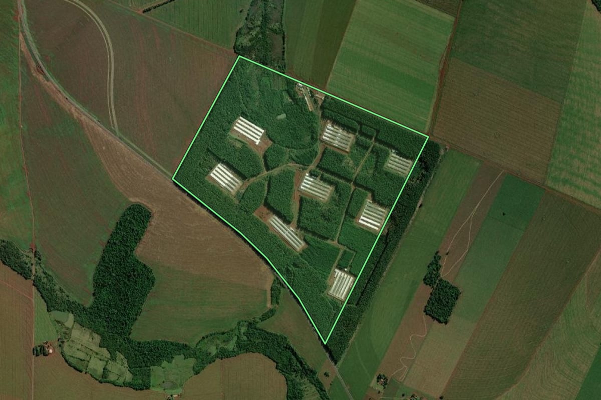 Imagem de satélite do imóvel rural em Guaíra (PR), com o contorno declarado no CAR desenhado por cima.