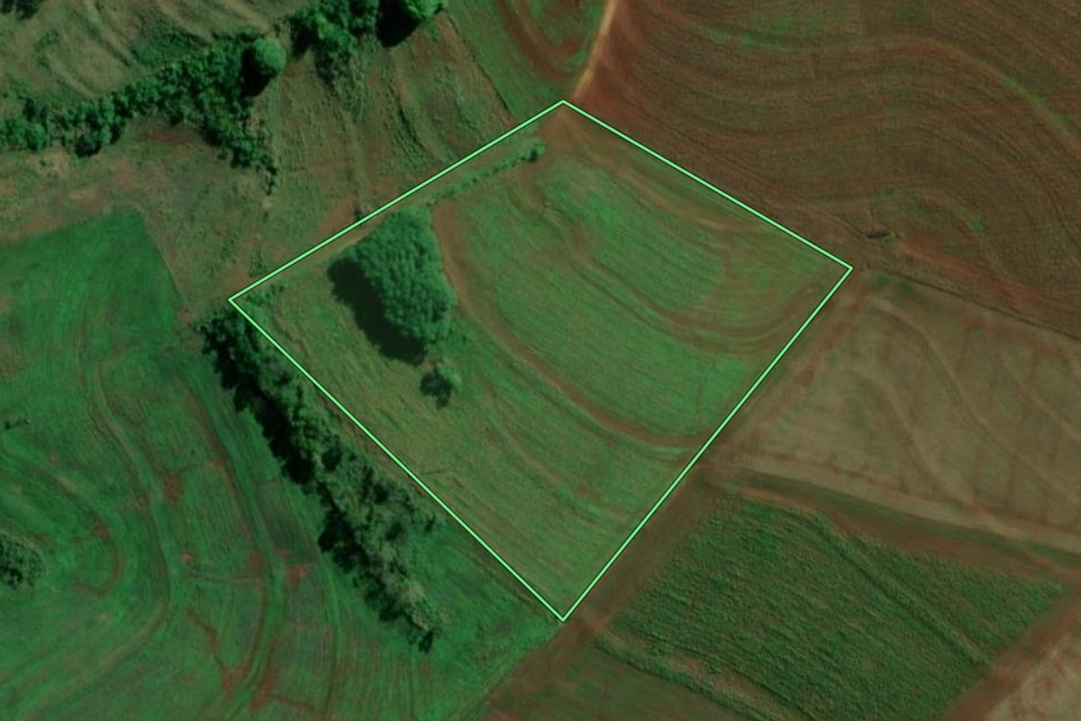 Imagem de satélite do imóvel rural em Guaíra (PR), com o contorno declarado no CAR desenhado por cima.