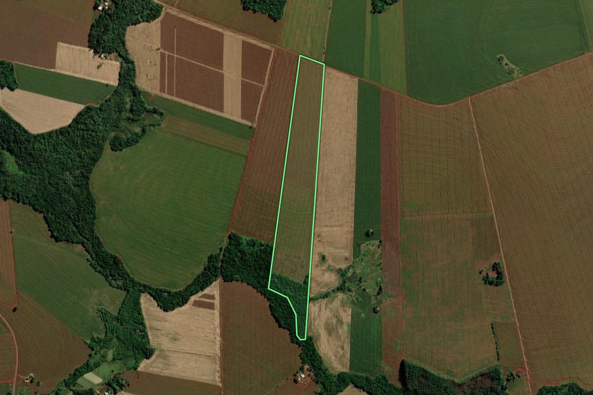 Imagem de satélite do imóvel rural em Guaíra (PR), com o contorno declarado no CAR desenhado por cima.