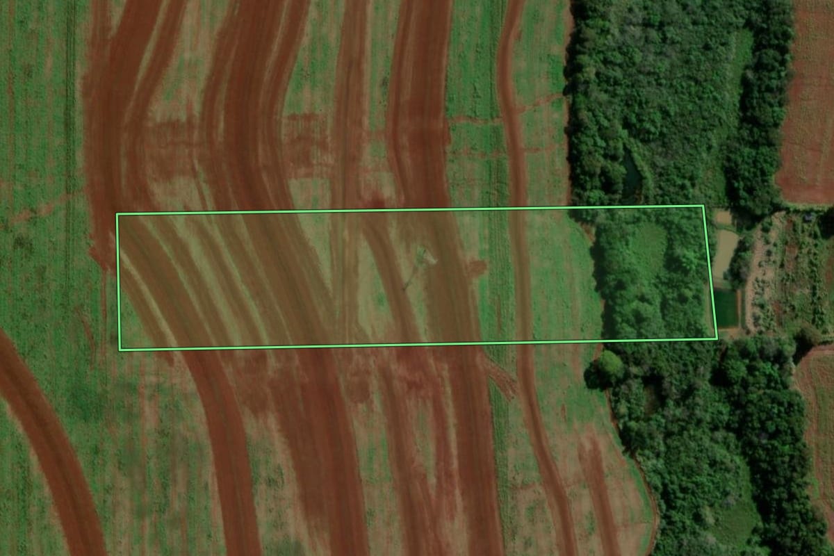 Imagem de satélite do imóvel rural em Guaíra (PR), com o contorno declarado no CAR desenhado por cima.