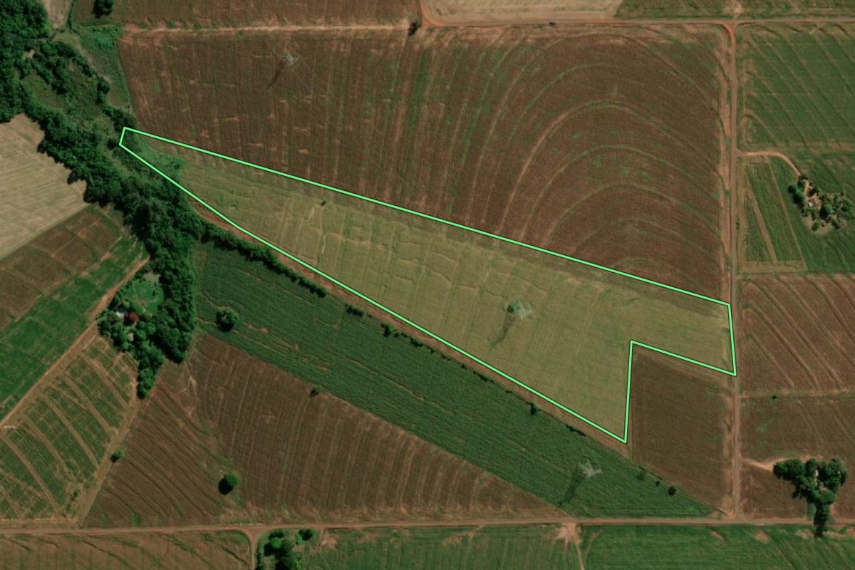 Imagem de satélite do imóvel rural em Guaíra (PR), com o contorno declarado no CAR desenhado por cima.
