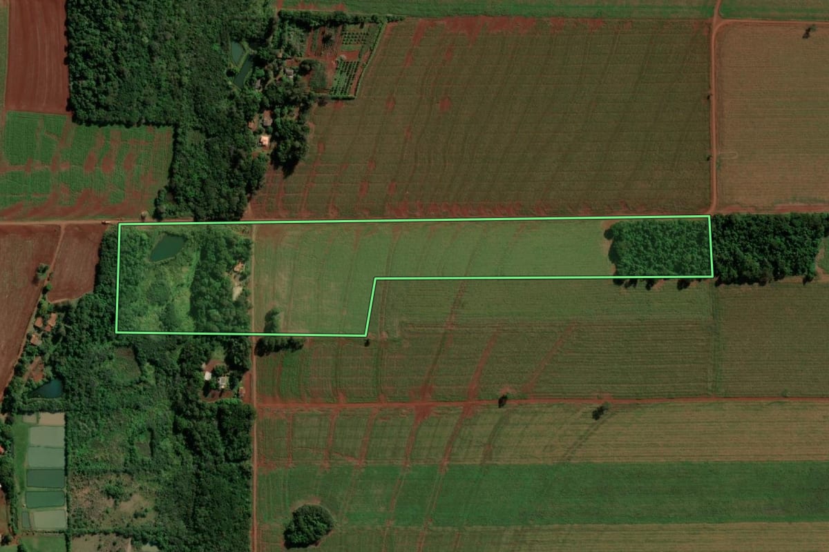 Imagem de satélite do imóvel rural em Guaíra (PR), com o contorno declarado no CAR desenhado por cima.