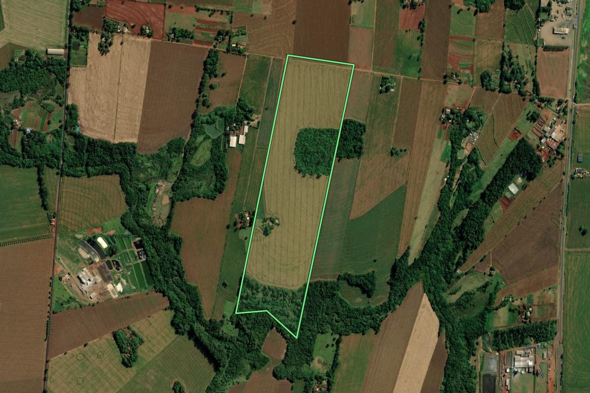 Imagem de satélite do imóvel rural em Guaíra (PR), com o contorno declarado no CAR desenhado por cima.