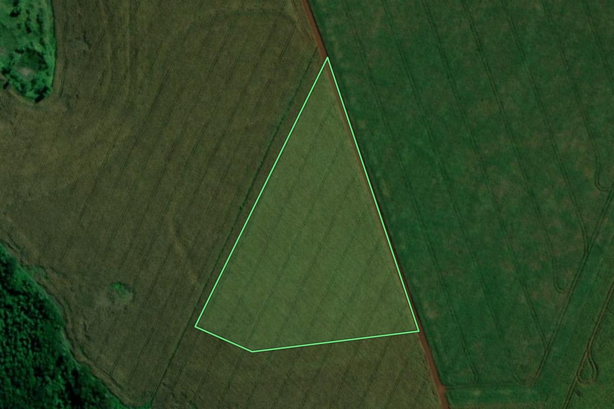 Imagem de satélite do imóvel rural em Guaíra (PR), com o contorno declarado no CAR desenhado por cima.