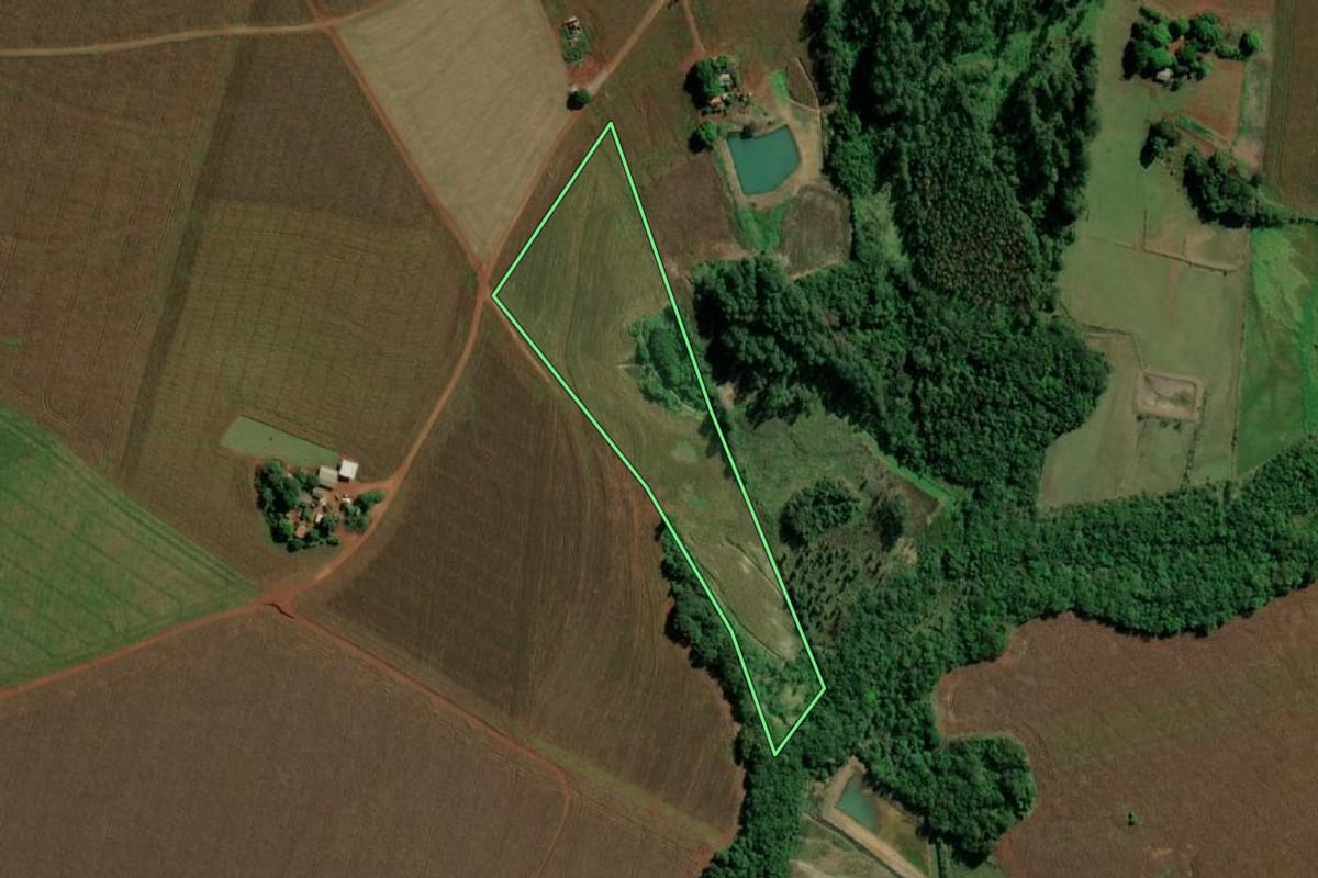 Imagem de satélite do imóvel rural em Guaíra (PR), com o contorno declarado no CAR desenhado por cima.