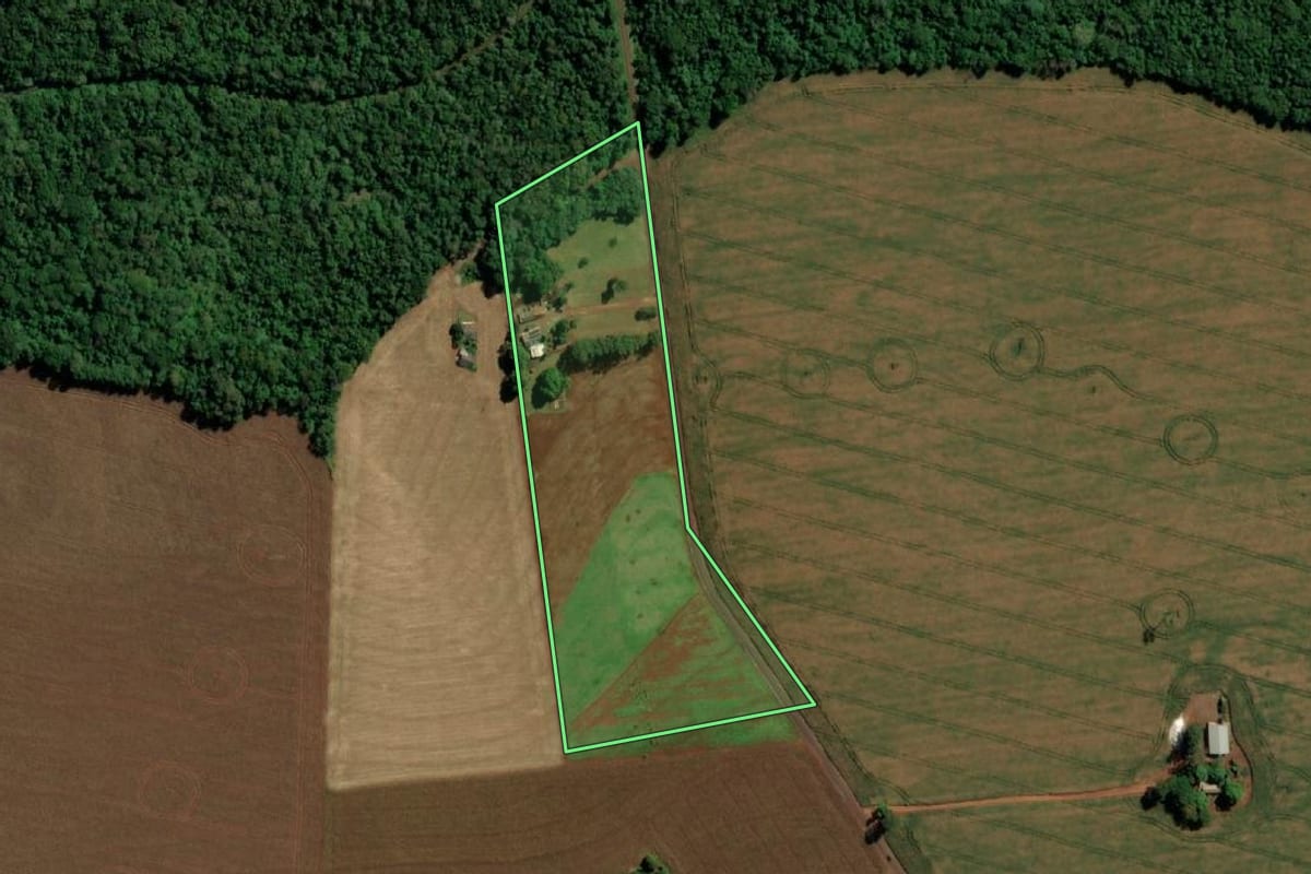 Imagem de satélite do imóvel rural em Guaíra (PR), com o contorno declarado no CAR desenhado por cima.