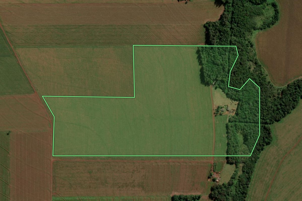 Imagem de satélite do imóvel rural em Guaíra (PR), com o contorno declarado no CAR desenhado por cima.