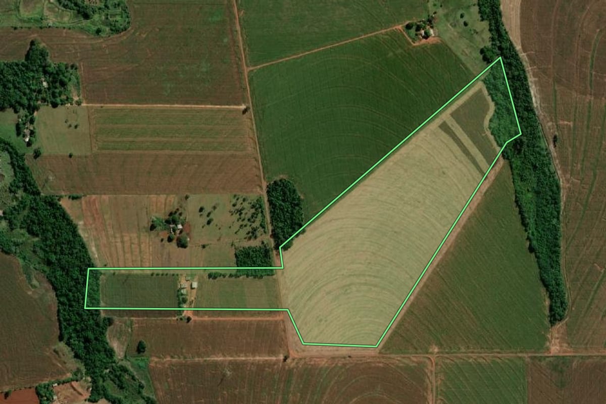 Imagem de satélite do imóvel rural em Guaíra (PR), com o contorno declarado no CAR desenhado por cima.