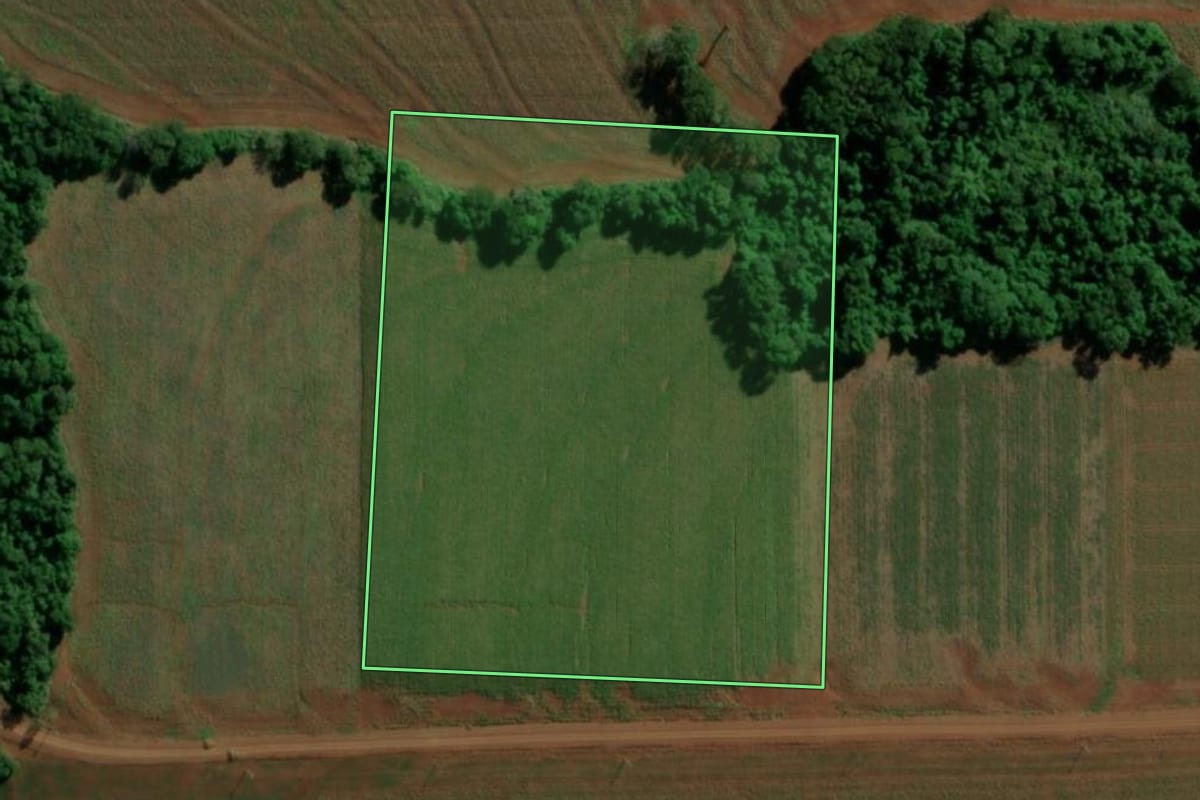 Imagem de satélite do imóvel rural em Guaíra (PR), com o contorno declarado no CAR desenhado por cima.