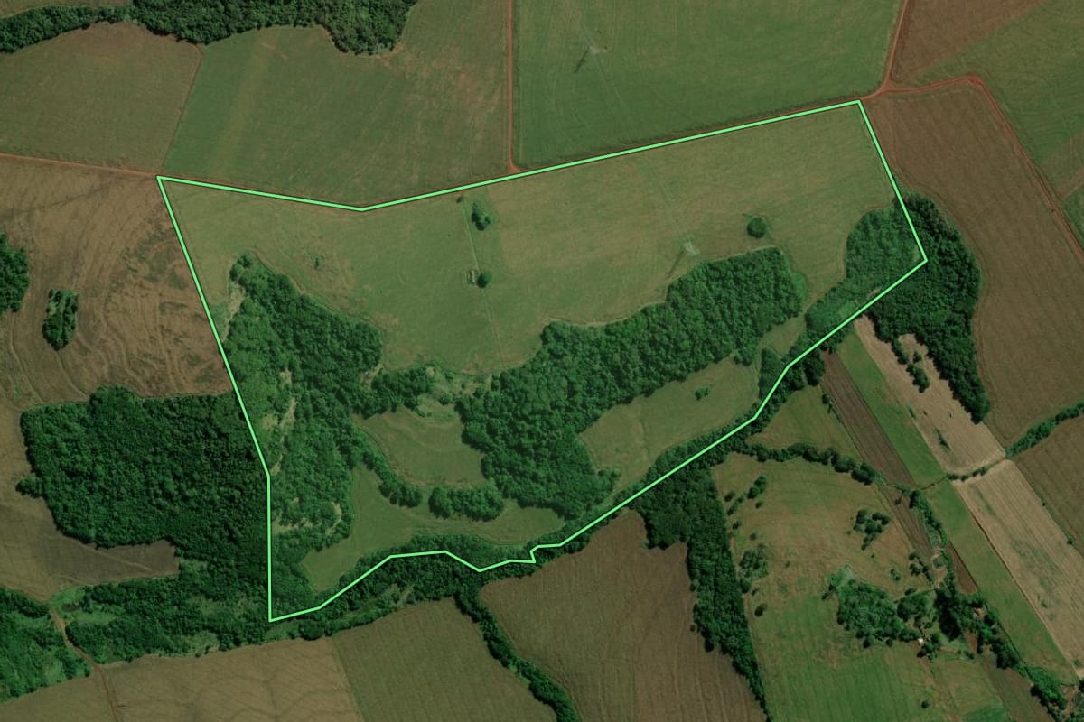 Imagem de satélite do imóvel rural em Guaíra (PR), com o contorno declarado no CAR desenhado por cima.