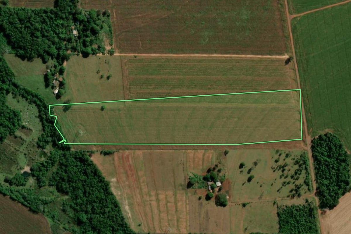 Imagem de satélite do imóvel rural em Guaíra (PR), com o contorno declarado no CAR desenhado por cima.