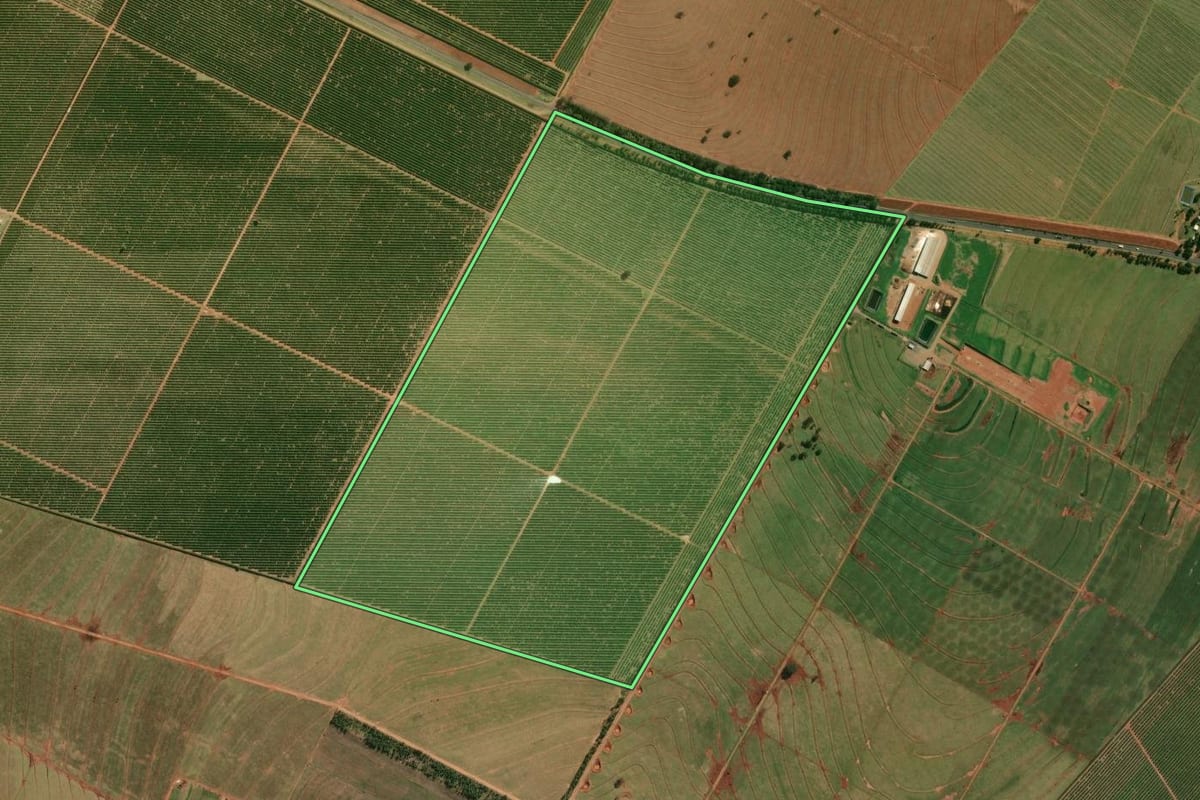 Imagem de satélite do imóvel rural em Guairaçá (PR), com o contorno declarado no CAR desenhado por cima.