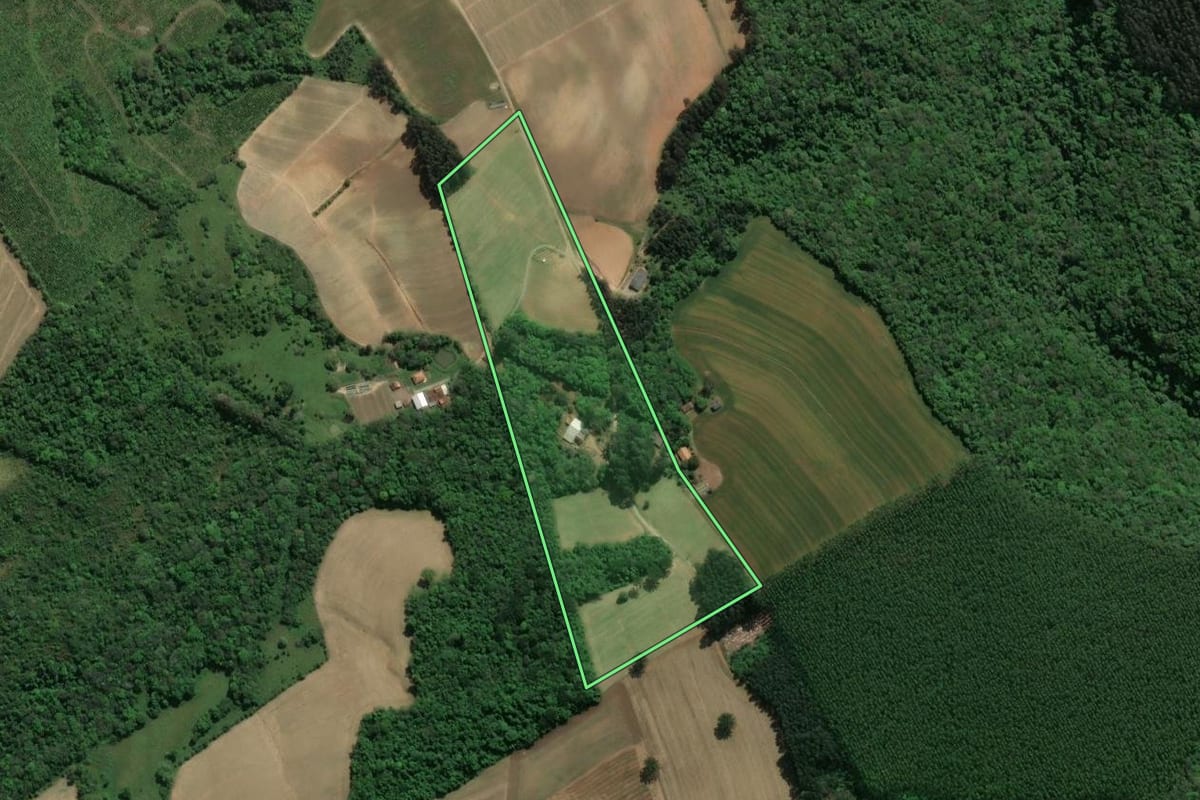 Imagem de satélite do imóvel rural em Guamiranga (PR), com o contorno declarado no CAR desenhado por cima.