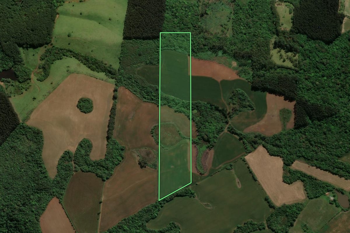 Imagem de satélite do imóvel rural em Guamiranga (PR), com o contorno declarado no CAR desenhado por cima.