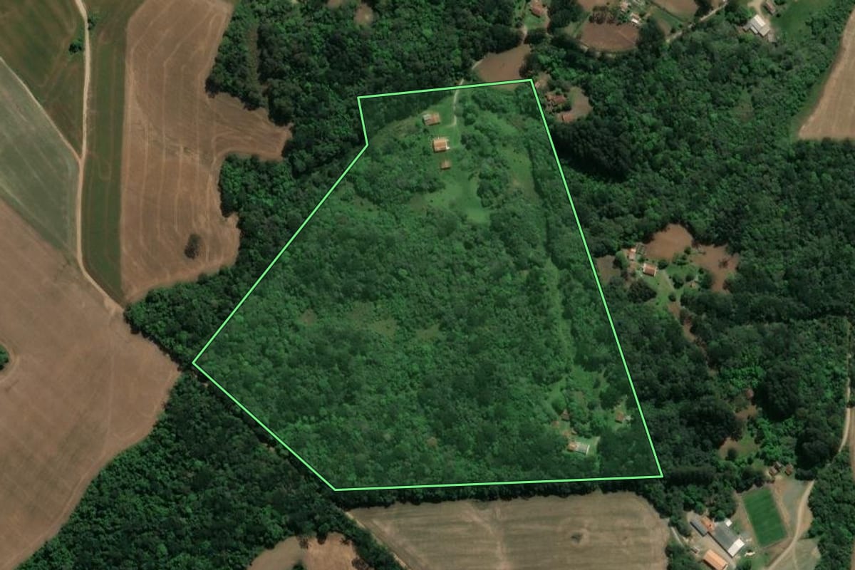 Imagem de satélite do imóvel rural em Guamiranga (PR), com o contorno declarado no CAR desenhado por cima.