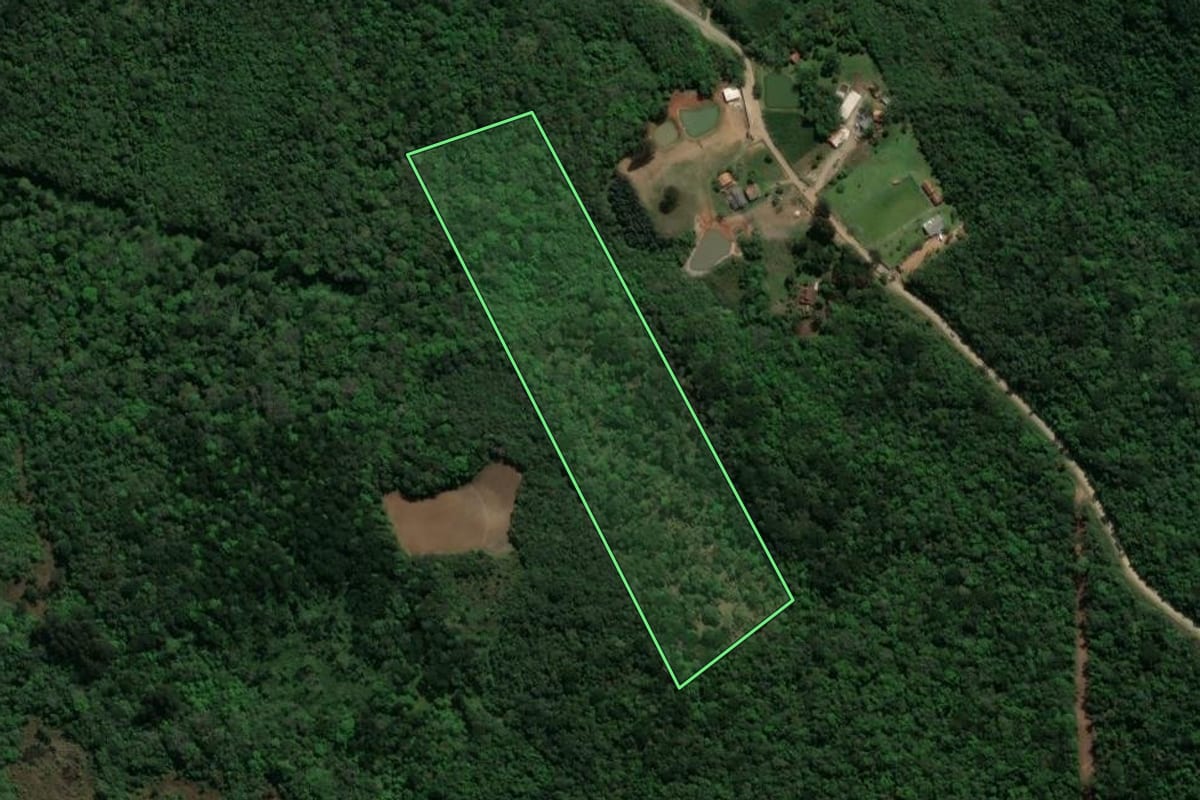 Imagem de satélite do imóvel rural em Guamiranga (PR), com o contorno declarado no CAR desenhado por cima.