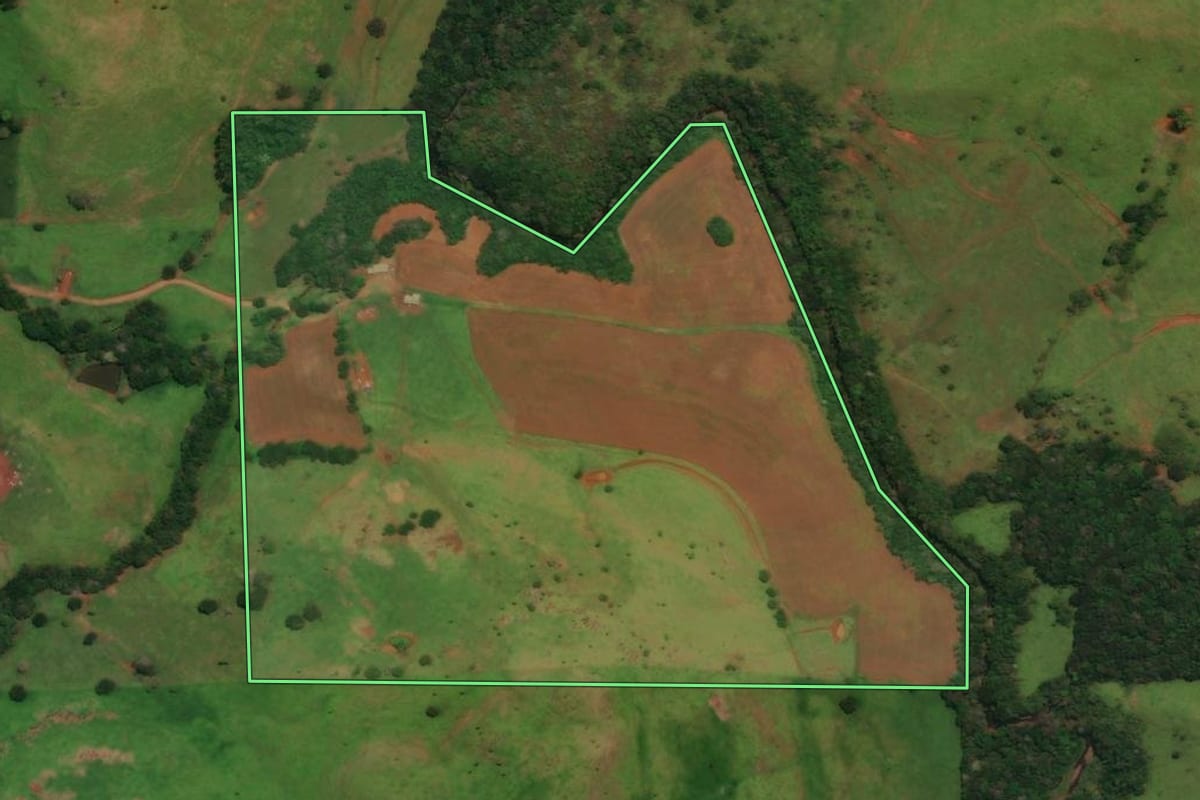 Imagem de satélite do imóvel rural em Guaraniaçu (PR), com o contorno declarado no CAR desenhado por cima.