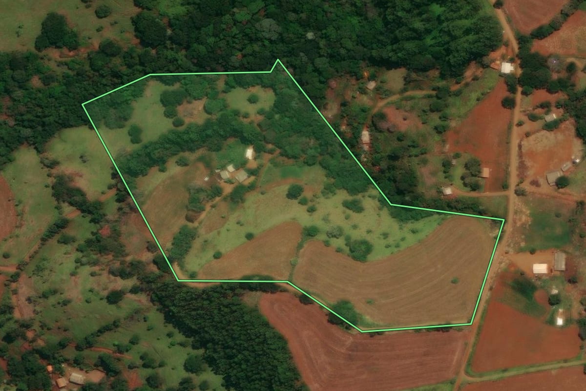 Imagem de satélite do imóvel rural em Guaraniaçu (PR), com o contorno declarado no CAR desenhado por cima.