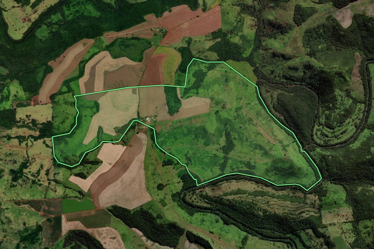 Imagem de satélite do imóvel rural em Guaraniaçu (PR), com o contorno declarado no CAR desenhado por cima.