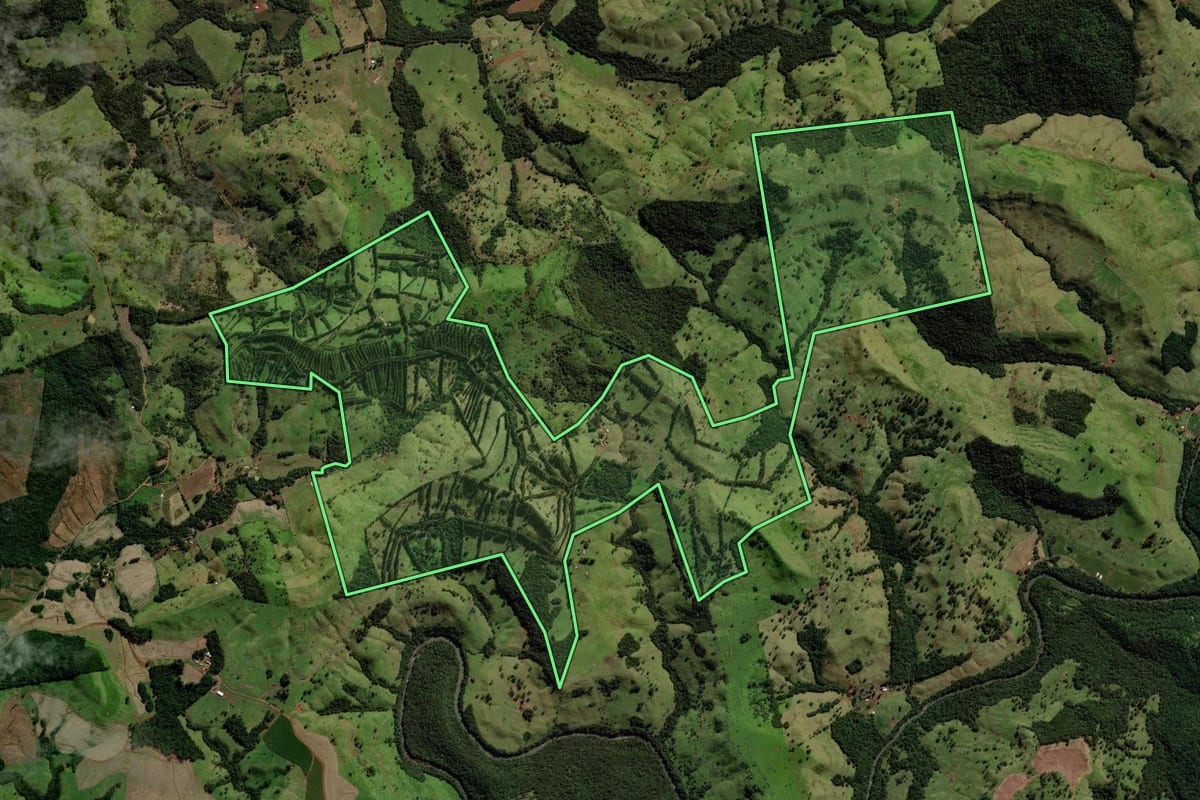 Imagem de satélite do imóvel rural em Guaraniaçu (PR), com o contorno declarado no CAR desenhado por cima.