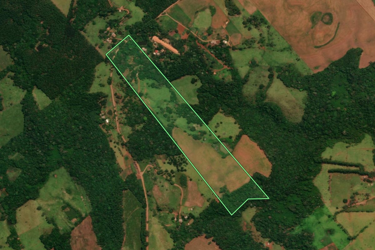 Imagem de satélite do imóvel rural em Guaraniaçu (PR), com o contorno declarado no CAR desenhado por cima.