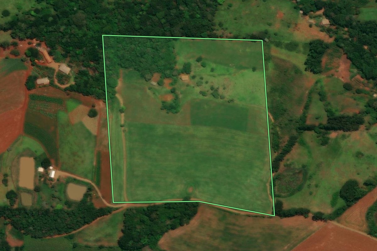 Imagem de satélite do imóvel rural em Guaraniaçu (PR), com o contorno declarado no CAR desenhado por cima.