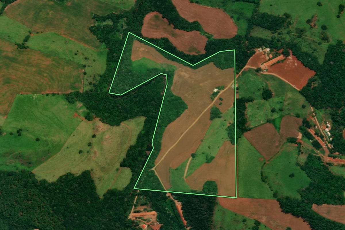 Imagem de satélite do imóvel rural em Guaraniaçu (PR), com o contorno declarado no CAR desenhado por cima.