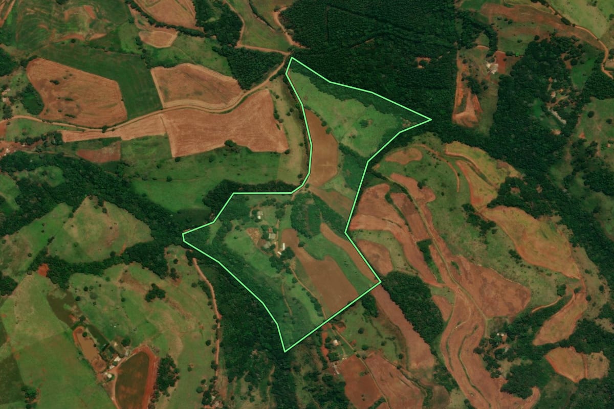 Imagem de satélite do imóvel rural em Guaraniaçu (PR), com o contorno declarado no CAR desenhado por cima.