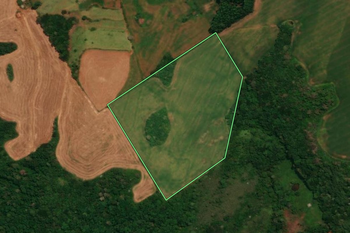 Imagem de satélite do imóvel rural em Guaraniaçu (PR), com o contorno declarado no CAR desenhado por cima.