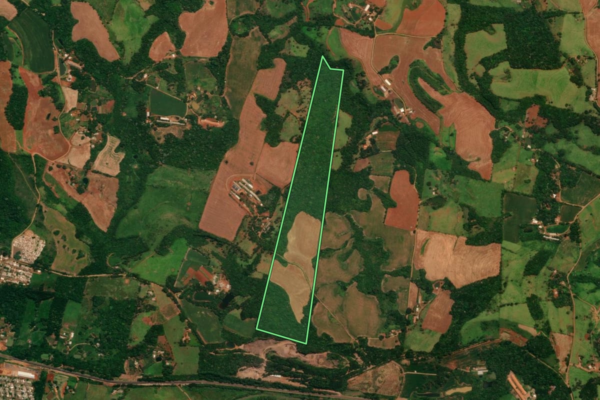 Imagem de satélite do imóvel rural em Guaraniaçu (PR), com o contorno declarado no CAR desenhado por cima.